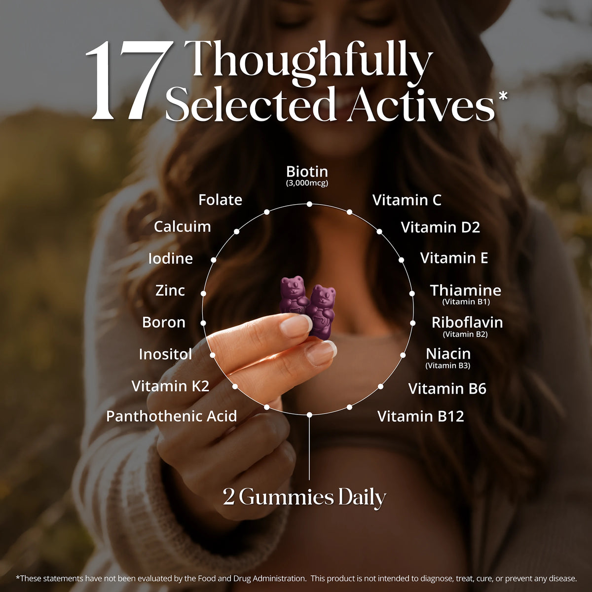 Woman holding two purple SugarbearPRO Hair Prenatal gummies with infographic highlighting 17 selected vitamins and nutrients, including biotin, folate, and zinc.