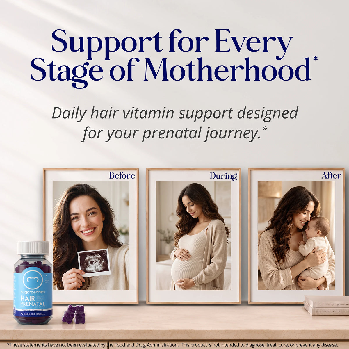 SugarbearPRO Hair Prenatal gummies displayed alongside three photos representing before, during, and after pregnancy, highlighting hair support throughout motherhood.