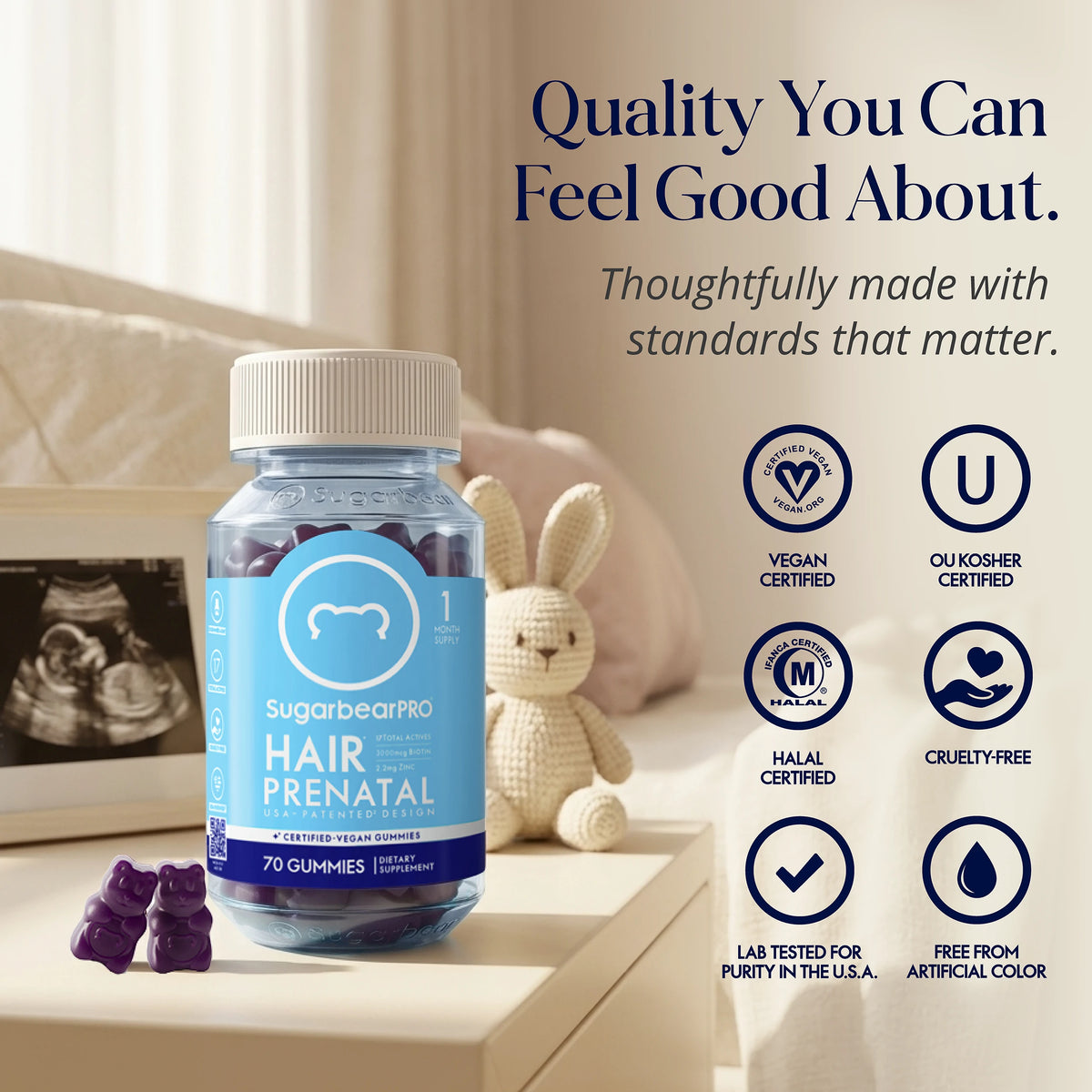 SugarbearPRO Hair Prenatal gummies bottle with vegan, kosher, halal, cruelty-free, and lab-tested quality certifications displayed alongside the product.