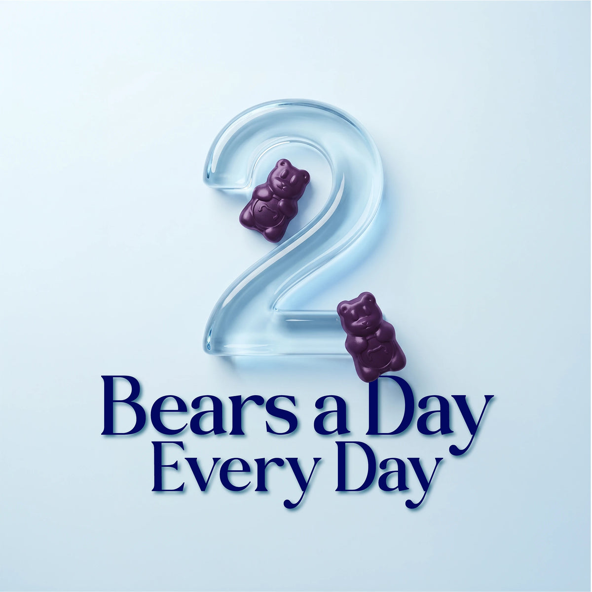 Two purple SugarbearPRO Hair Prenatal bear-shaped gummies surrounding a translucent number two, illustrating the recommended daily serving of two gummies.