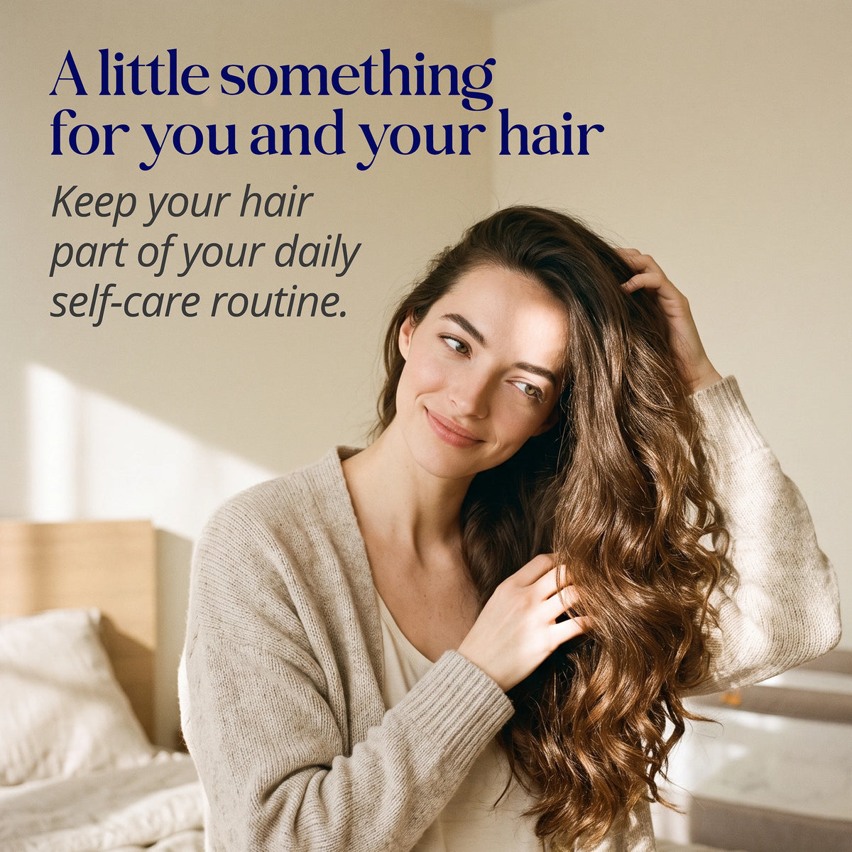 Woman with long, healthy-looking brown hair gently running her fingers through her hair, illustrating a daily hair care routine with SugarbearPRO Hair Prenatal vitamins.