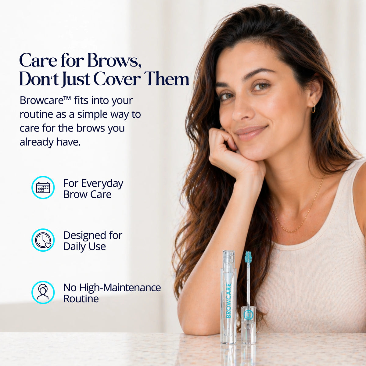 Woman with SugarbearPRO BrowCare Serum and applicator, designed for simple everyday brow care without a high-maintenance routine.