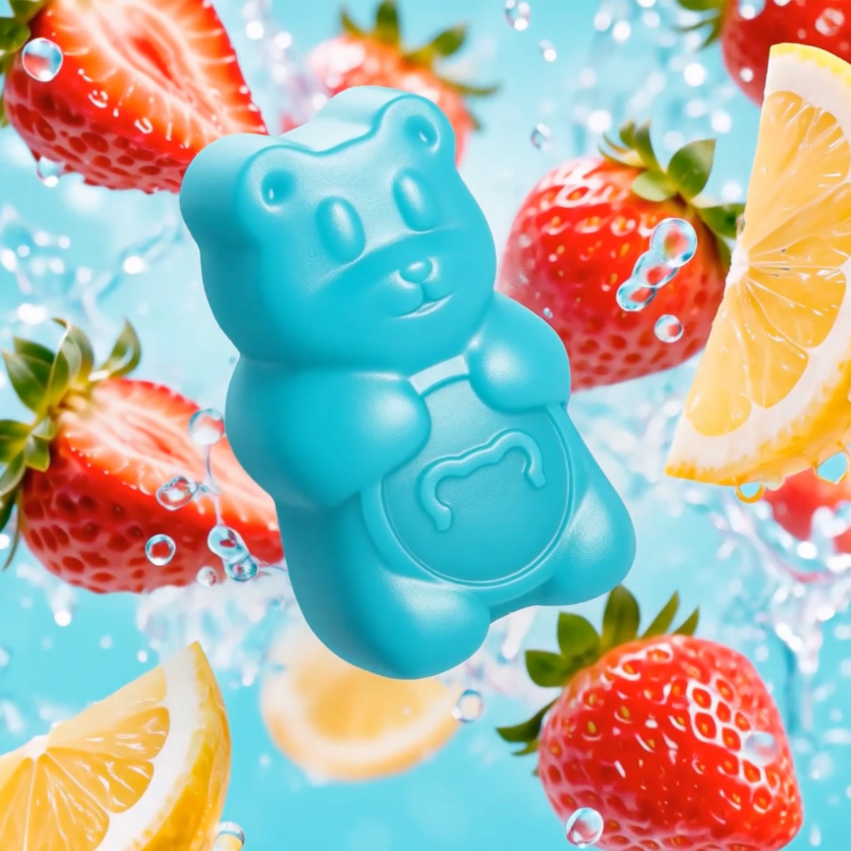 SugarbearPRO Hair Vegan Vitamin Gummies product video featuring the blue bear-shaped hair gummy, key ingredients, and berry-citrus flavor visuals.