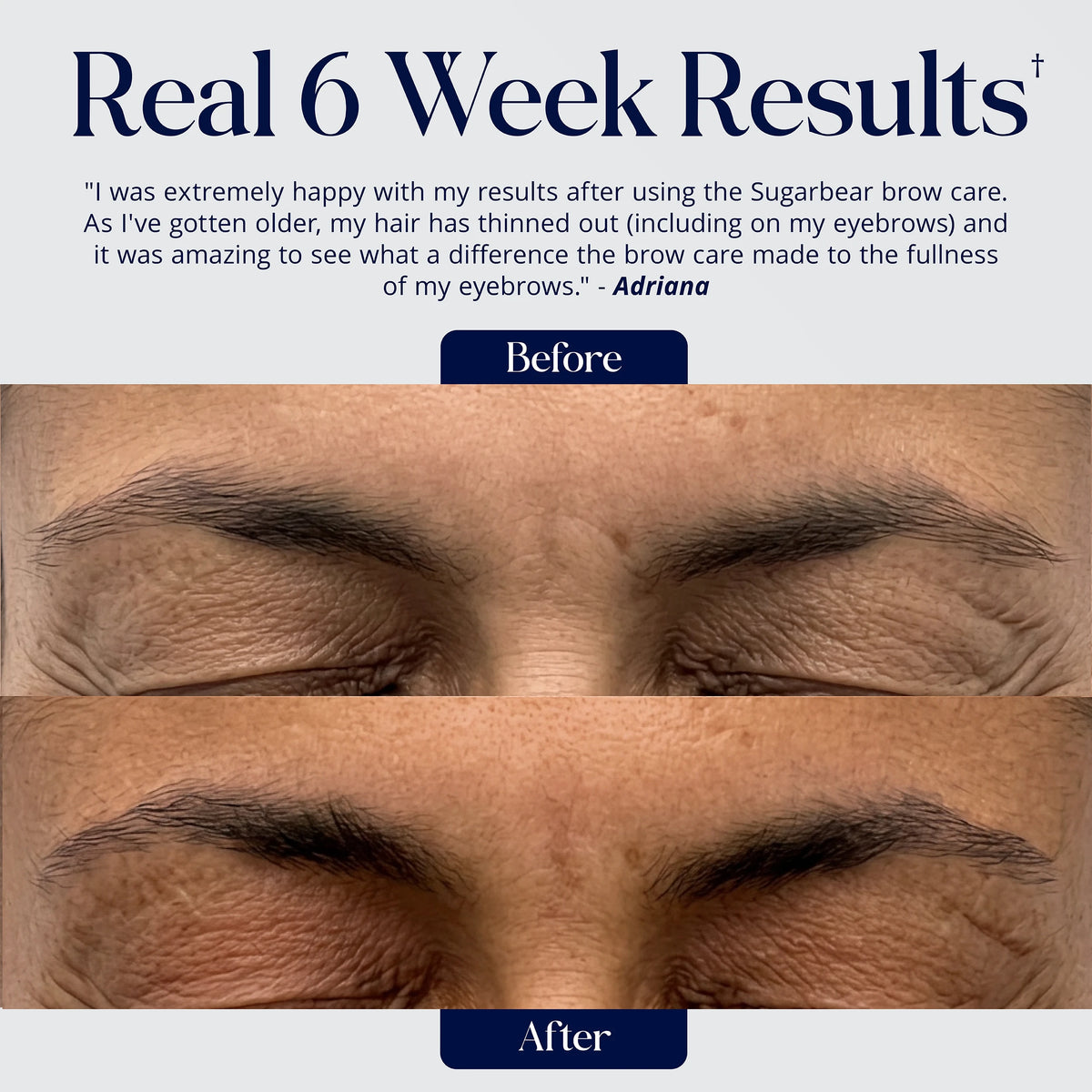 SugarbearPRO BrowCare Serum before-and-after customer photos showing the appearance of fuller eyebrows after 6 weeks of use.