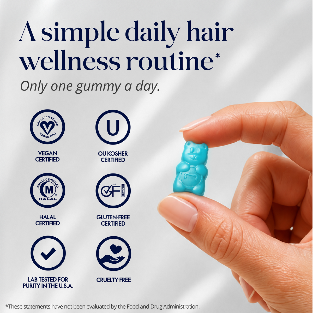 SugarbearPRO Hair Gummies daily wellness routine with one gummy a day, vegan, kosher, halal, gluten-free, lab-tested, and cruelty-free certifications.