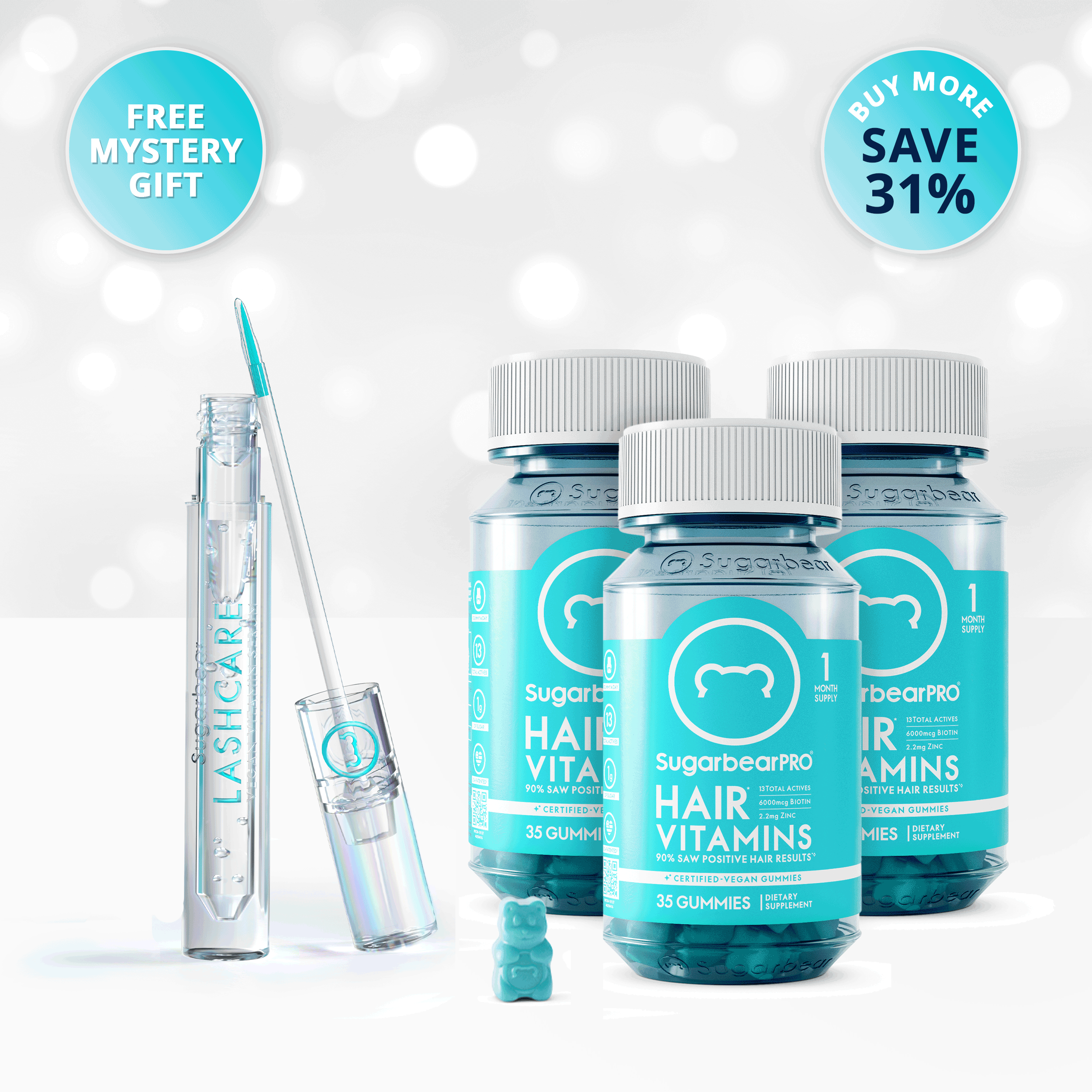 Sugarbear Glow & Grow Duo hair and skin vitamins bundle with lash and brow serums and free gift.