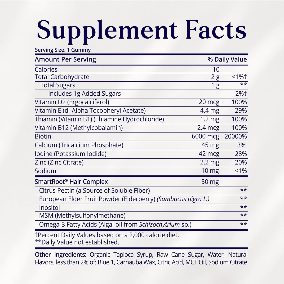 SugarbearPRO Hair Vegan Vitamin Gummies supplement facts and ingredients, including 6,000 mcg biotin and the SmartRoot Hair Complex.