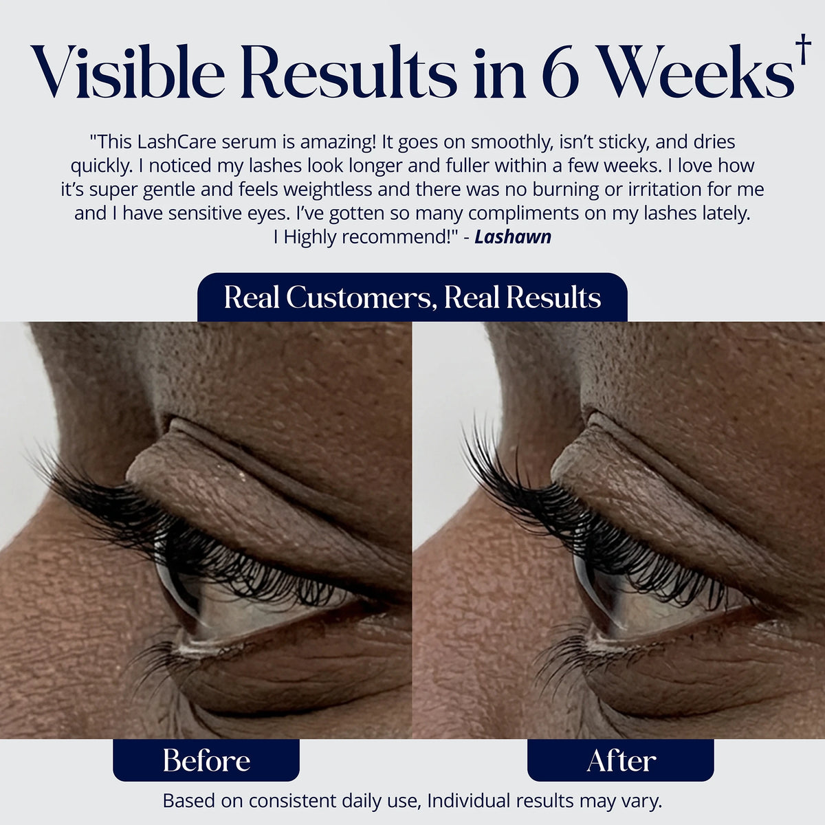 SugarbearPRO LashCare Serum before-and-after customer photos showing the appearance of longer, fuller lashes after 6 weeks of consistent daily use.