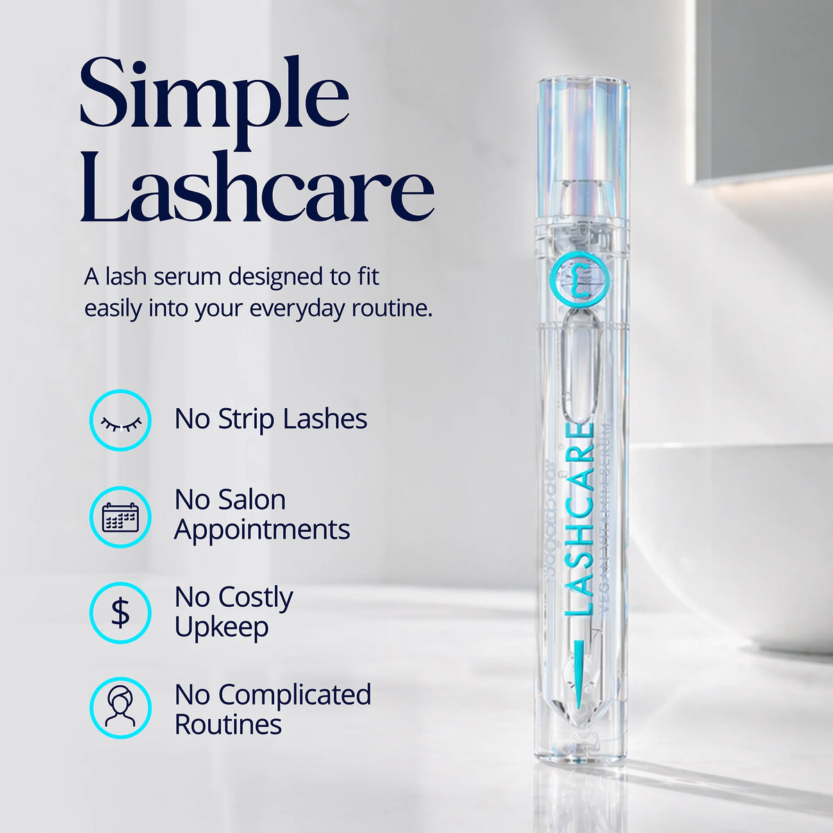 SugarbearPRO LashCare Serum bottle with simple lash care benefits including no strip lashes, salon appointments, costly upkeep, or complicated routines.
