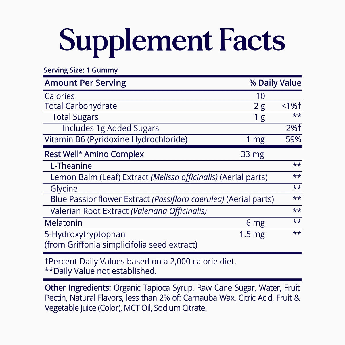 SugarbearPRO Sleep Gummies supplement facts and ingredients, including 6 mg melatonin, 5-HTP, vitamin B6, and Rest Well Amino Complex.
