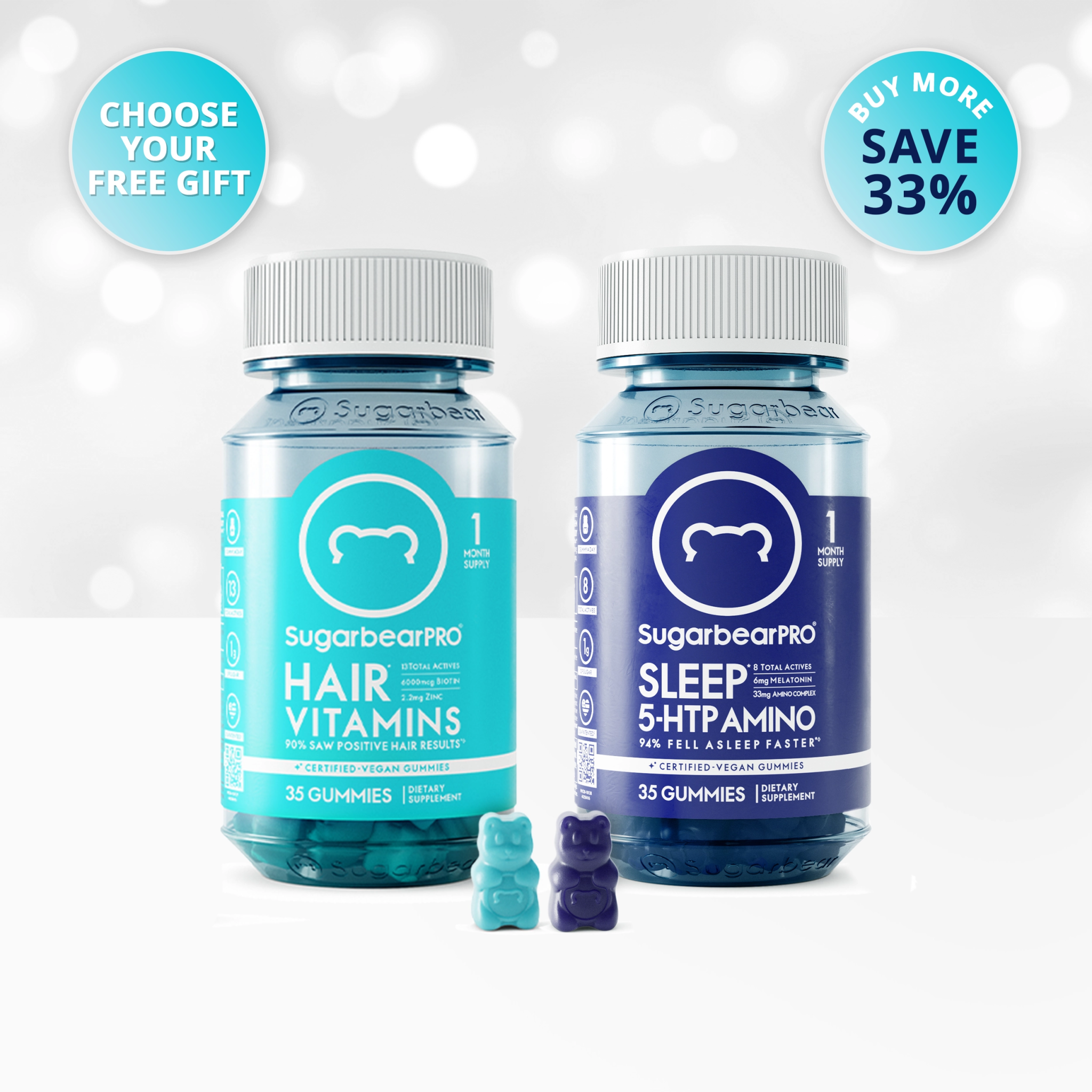 SugarbearPRO Starter Trio - SugarbearPRO® Hair Vitamins bottle shown with sleep gummies bundle